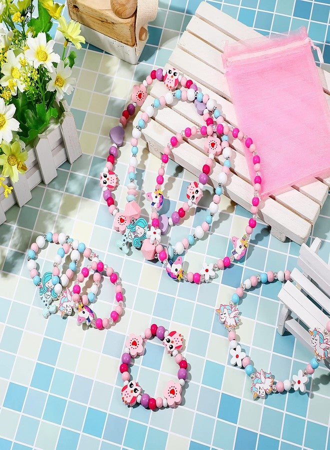 ميتلي مجموعة مجوهرات Mtlee للبنات، 4 قطع، تتضمن قلادة وسوار أميرة مزينين بخرز خشبي ملون، مع قلادة على شكل حورية بحر وحيد القرن، مثالية للعب التخيلي، هدية رائعة لحفلات الأطفال الصغار. - Image 5